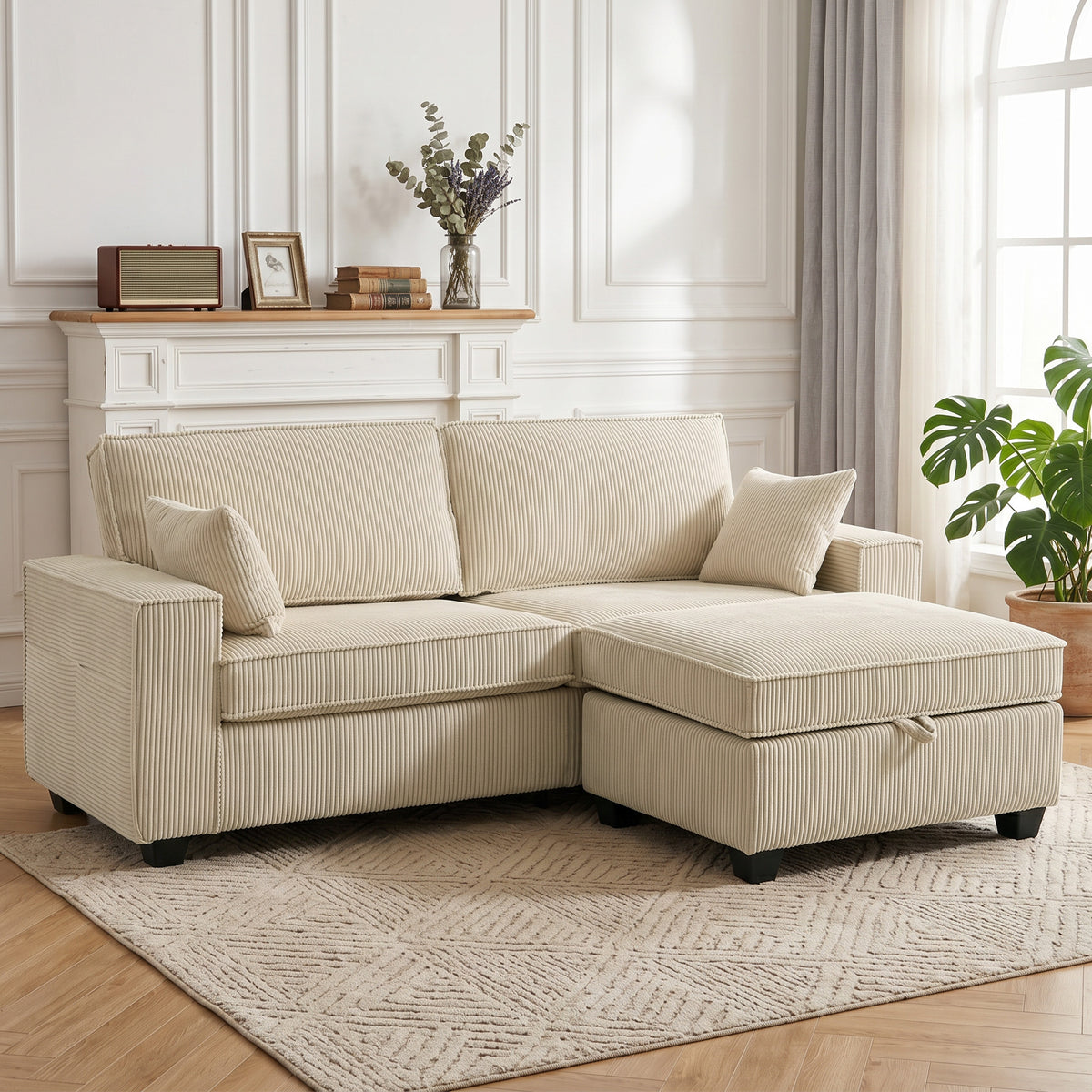 HOMCOM Ecksofa 216 cm 3-Sitzer L-Form Sofa mit Umkehrbarem Aufbwahrungshocker, Cord-Optik, Breiter – Produktabbildung 2