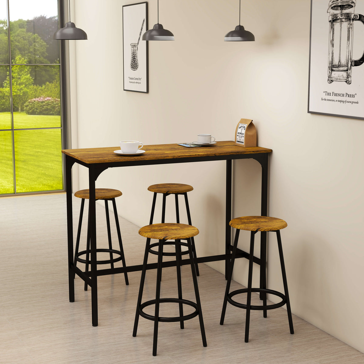HOMCOM 5-tlg. Bartisch-Set im Industriedesign, 1 Bartisch, 4 Barhocker, Sitzgruppe, Küchentresen – Produktabbildung 2