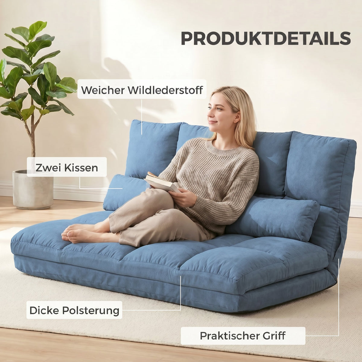 HOMCOM Bodensofa Schlafsofa Sofa, klappbar, verstellbare Rückenlehne, 102 cm x 73 cm x 60 cm , Blau – Produktabbildung 6