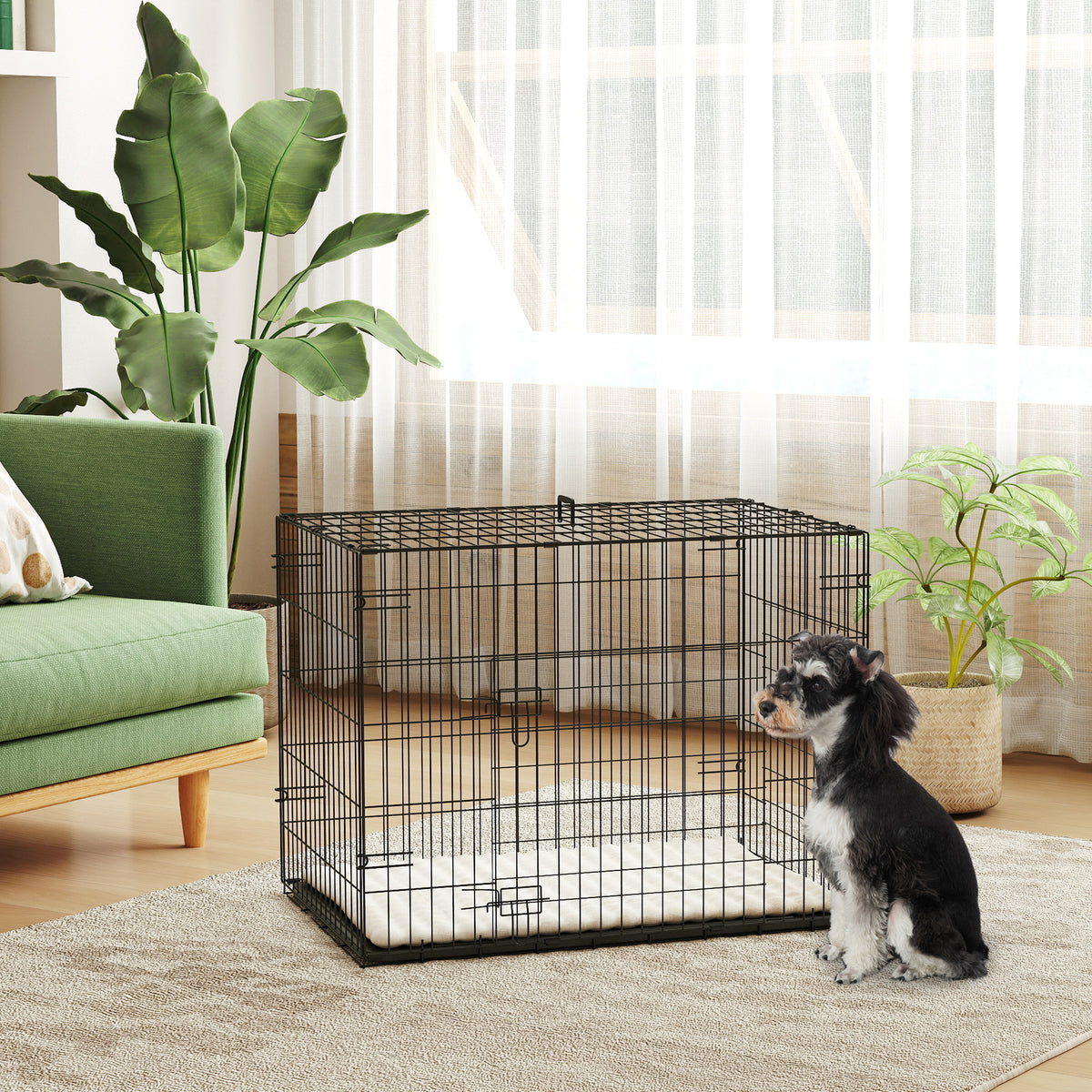 PawHut Hundekäfig klappbar Hundebox mit 2 Türen, Transportkäfig mit ausziehbare Bodenschale Kissen 75 x – Produktabbildung 2