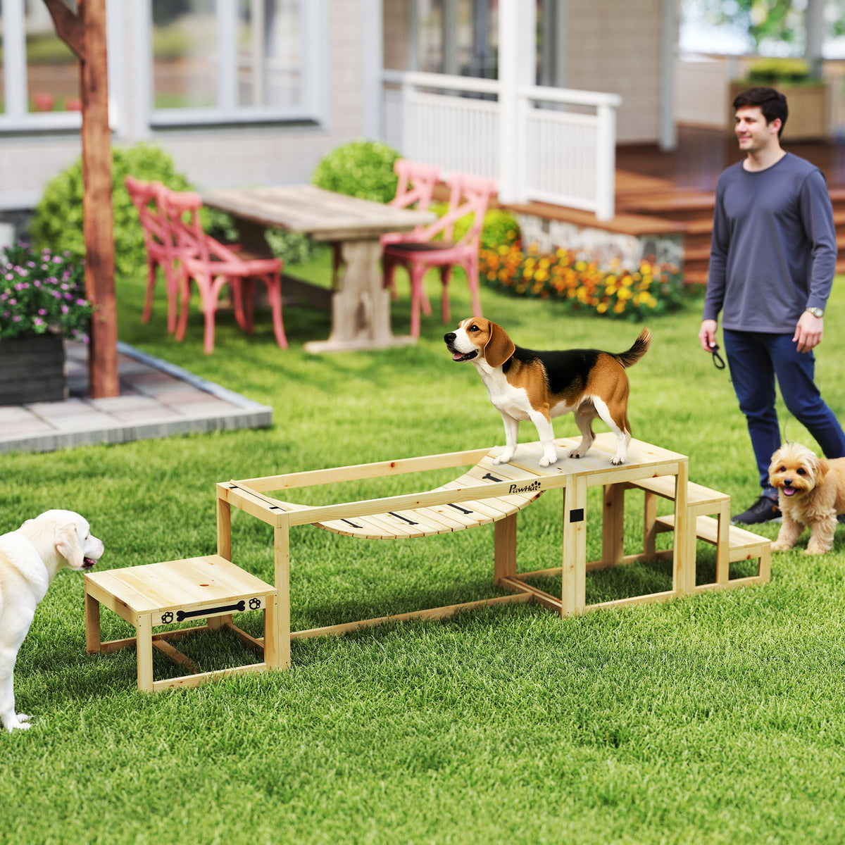 PawHut Agility-Set für Hunde, Hundetrainings-Konstruktion mit Brücke, Treppe, Plattform, Tannenholz, für – Produktabbildung 2