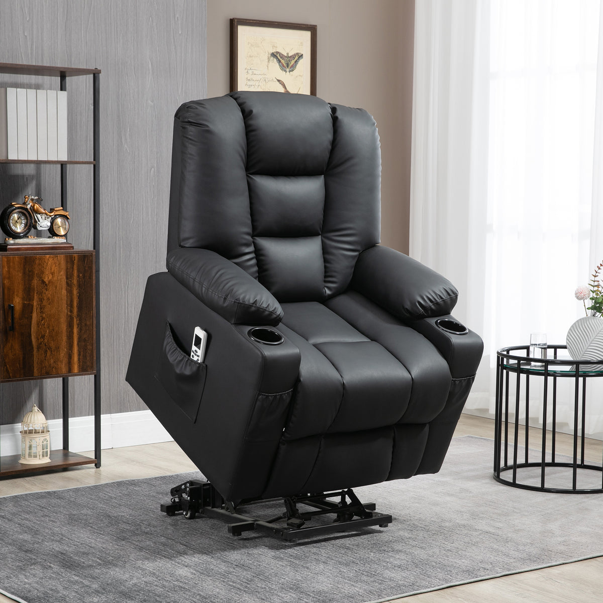 HOMCOM Relaxsessel mit Aufstehhilfe, USB, Massagefunktion, Kunstleder, bis 150 kg, 90x98x102 cm, Schwarz – Produktabbildung 2