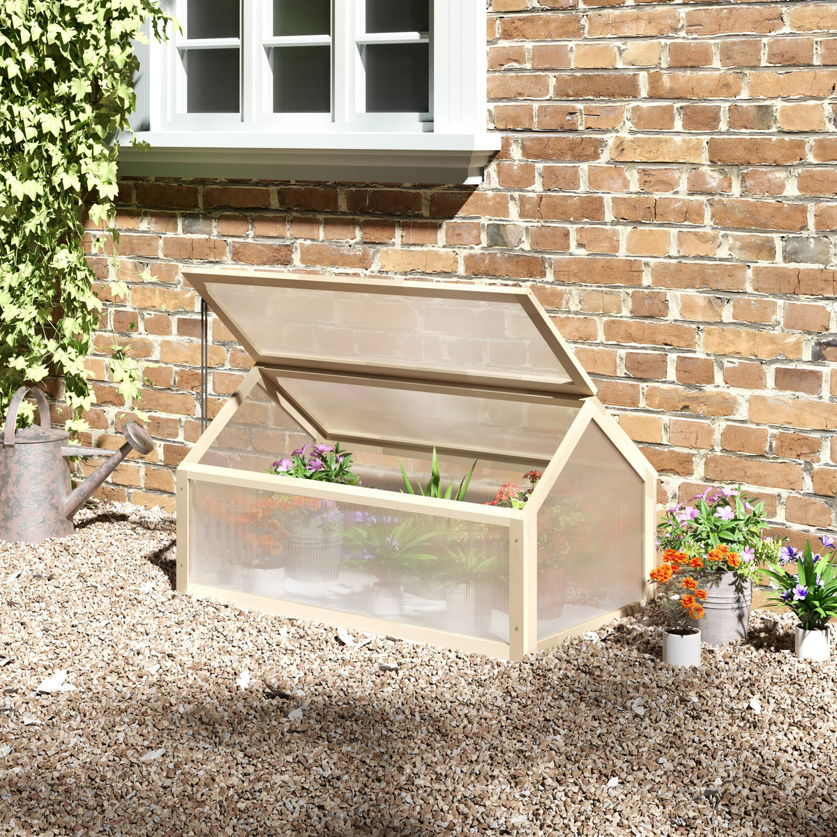 Outsunny Mini-Gewächshaus, Kompaktes Pflanzenhaus aus Holz, Polycarbonat-Platten, Belüftungsöffnung, 90L – Produktabbildung 2