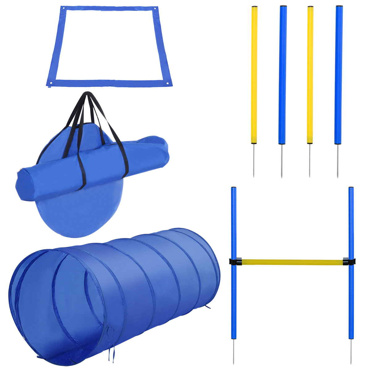 PawHut Agility Set höhenverstellbar Hunde Agility-Ausrüstung mit Hundetunnel 4 Slalomstangen Tragetasche Blau