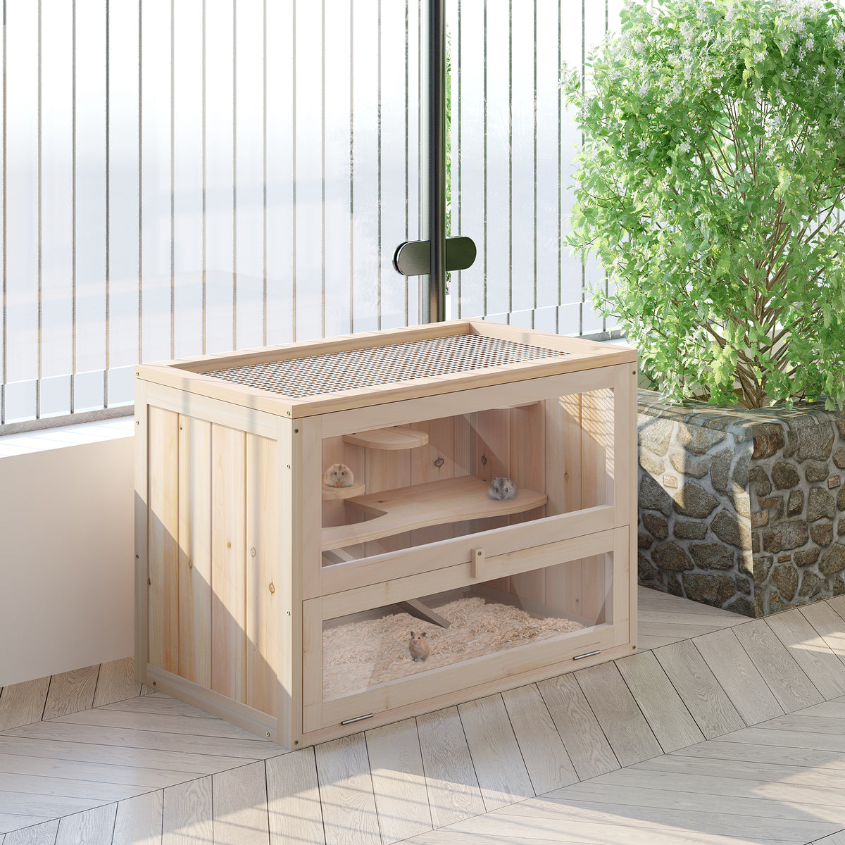 PawHut Hamsterkäfig aus Holz 2 Etagen 60 x 35 x 42 cm Nagerkäfig Kleintierkäfig mit aufklappbarem – Produktabbildung 2