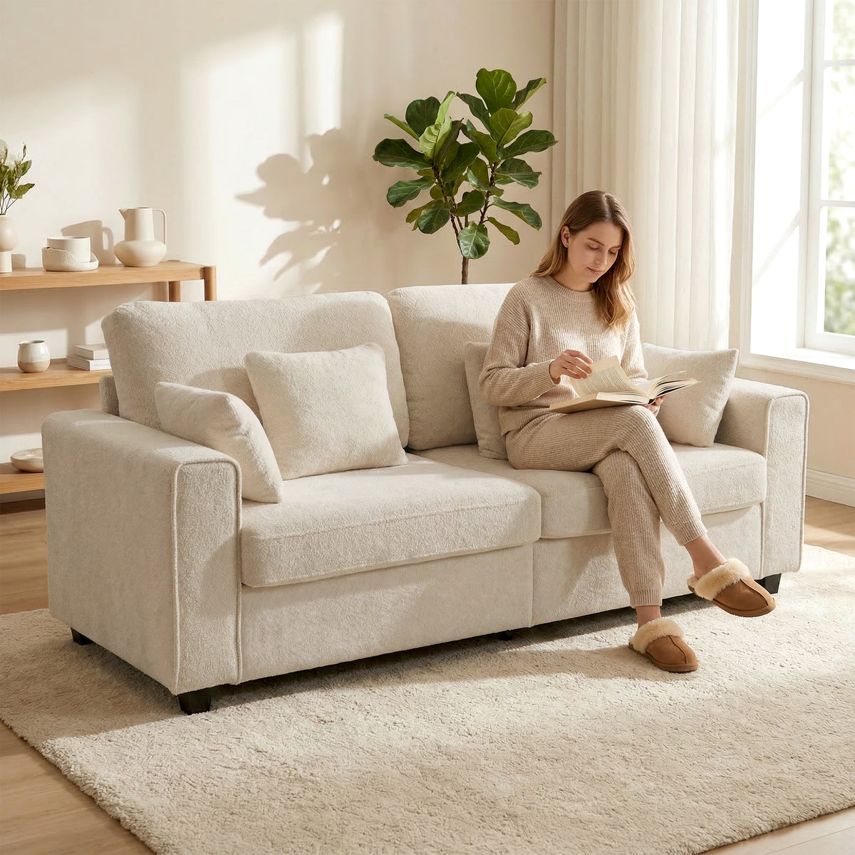 HOMCOM Beiges 3-Sitzer-Sofa mit Raindrop-Samtbezug, tiefem Sitz, Federkissen, breiten Armlehnen und 4 – Produktabbildung 2