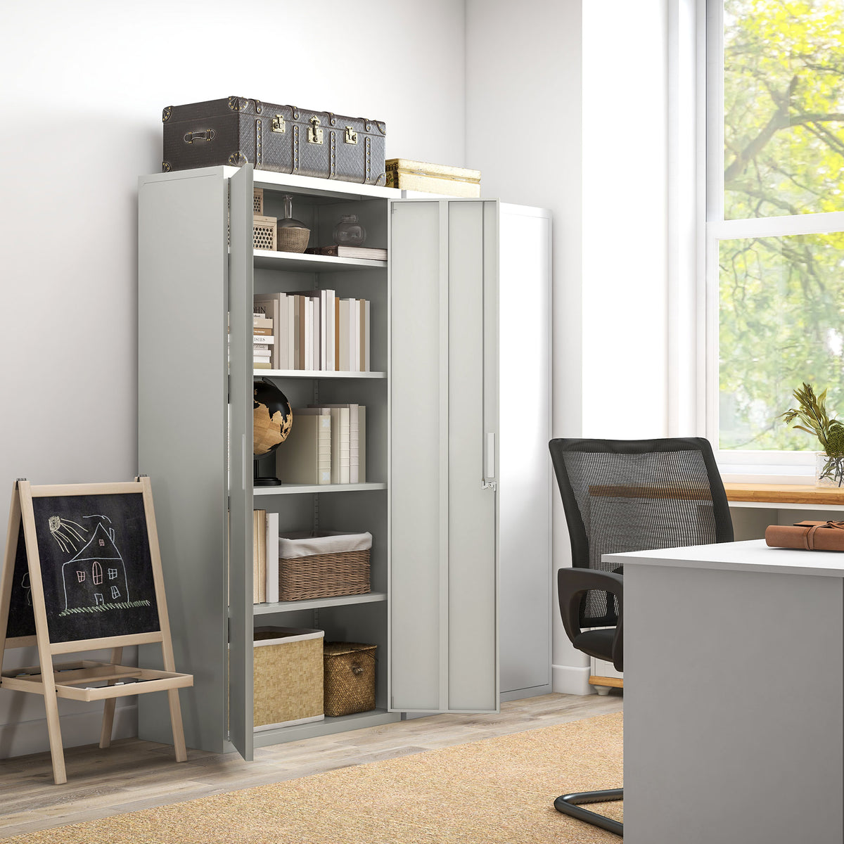 HOMCOM Aktenschrank, Büroschrank, 5 Regale, Metall, 80B x 40T x 180H cm, Weiß – Produktabbildung 2