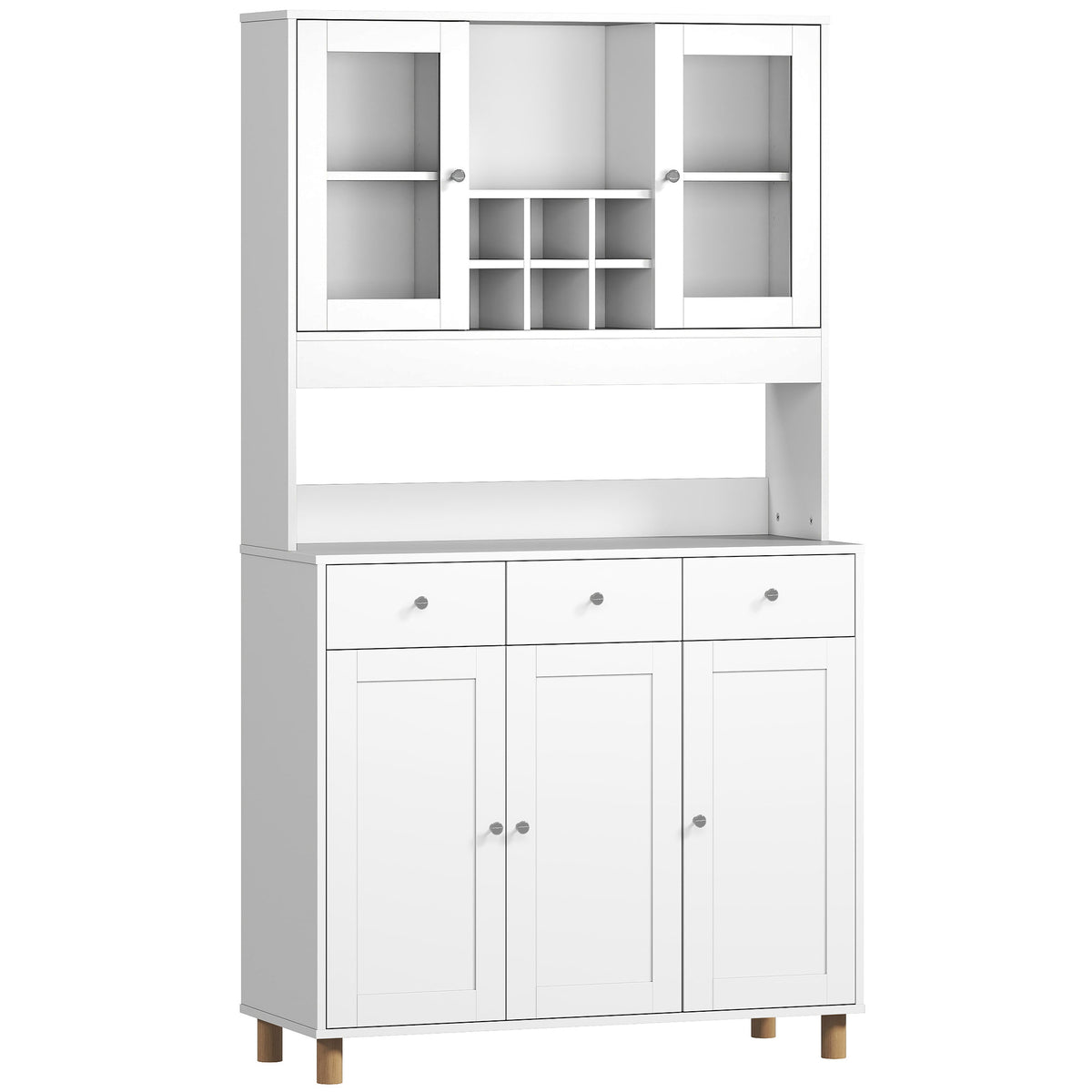 HOMCOM 180 cm Küchenschrank, 2 Glastüren, 3 Schubladen, 4 verstellbare Regale, Esszimmerschrank, Spanplatte
