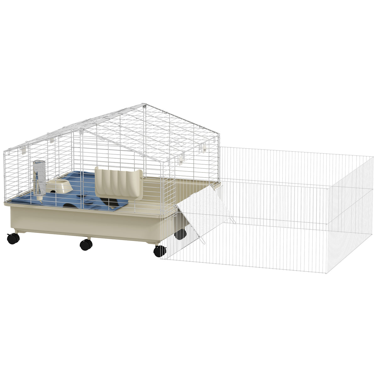 PawHut Kleintierkäfig, Balkon, Rampe, Futtertrog, Wasserflasche, 2-Ebenen-Design, Weiß