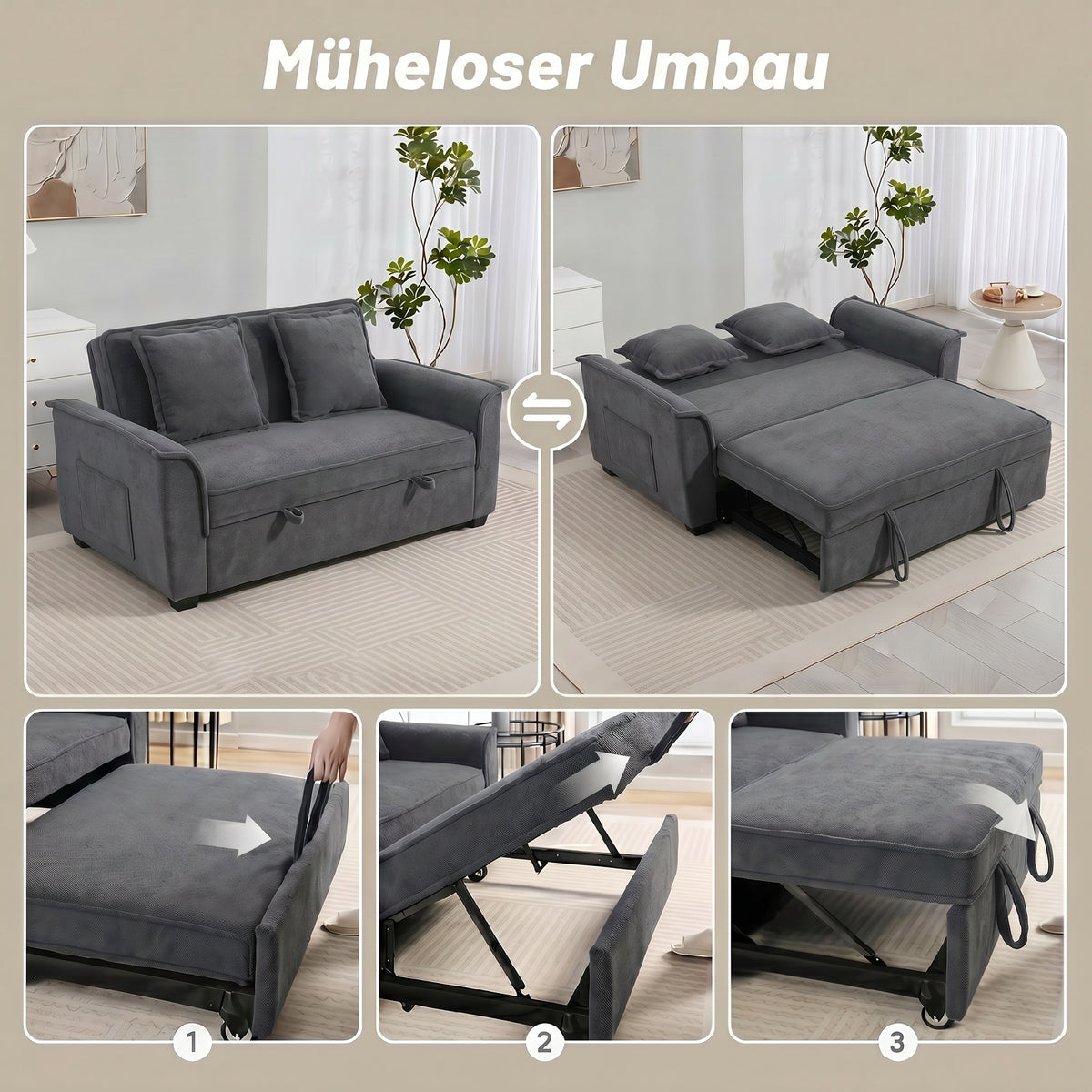 HOMCOM Futon-Schlafsofa, verstellbare Rückenlehne, 2-Sitzer mit 2 Kissen, Dunkelgrau – Produktabbildung 4