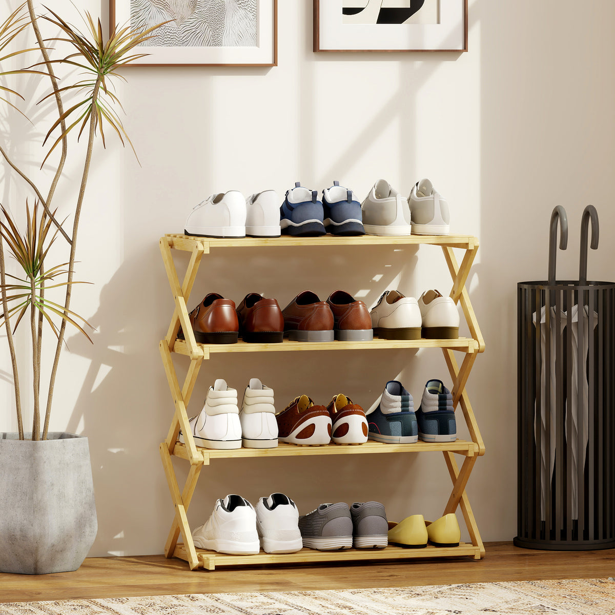 HOMCOM Schuhregal mit 4 Ebenen, Schuhablage aus Bambus,für bis zu 12 Paar Schuhe, für Eingang, Flur, 60 – Produktabbildung 2