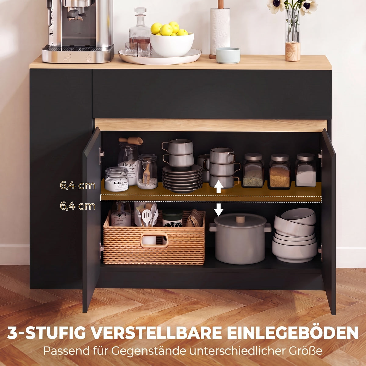 HOMCOM Sideboard, Buffet, großes Schrankfach, 3-stufiges Regal, Schublade, schwarz, 110 x 29,5 x 82cm – Produktabbildung 5