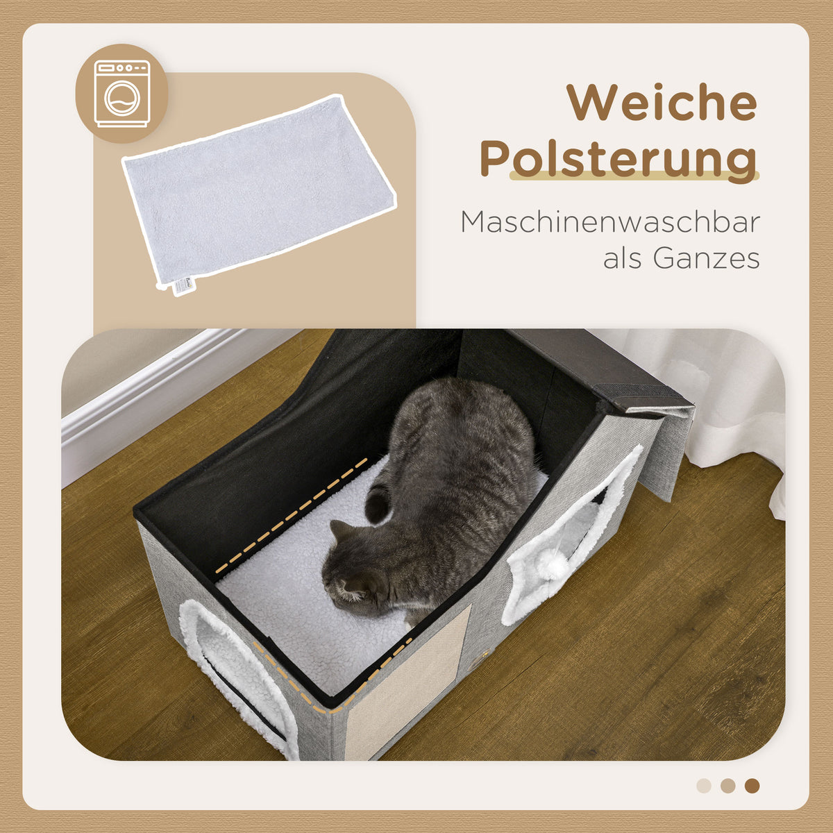 PawHut Katzenhaus mit Kratzfläche, inkl. Spielball, Katzenhöhle, 65 cm x 41 cm x 45.5H cm, Braun + Weiß – Produktabbildung 5