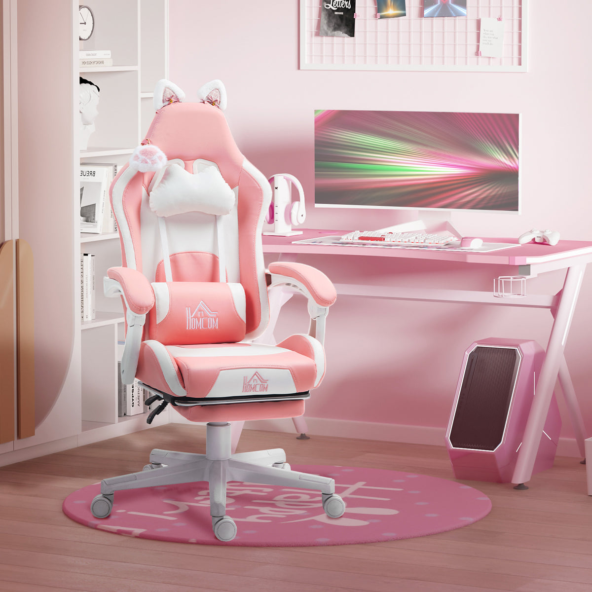 HOMCOM Gaming-Sessel mit Katzenohren, neigbare Lehne, ausziehbare Fußstütze, bis 120 kg, Rosa/Weiß – Produktabbildung 2