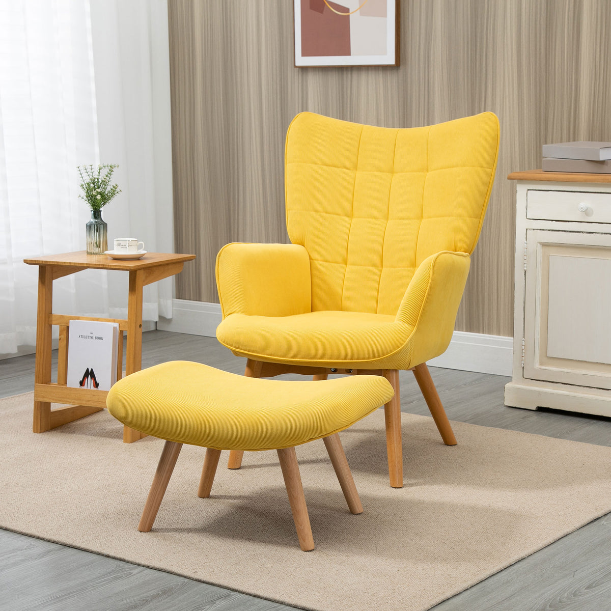 HOMCOM Akzentsessel mit Hocker, Relaxsessel in Cord-Optik, Armlehnstuhl mit Holzbeinen, für Wohnzimmer – Produktabbildung 2