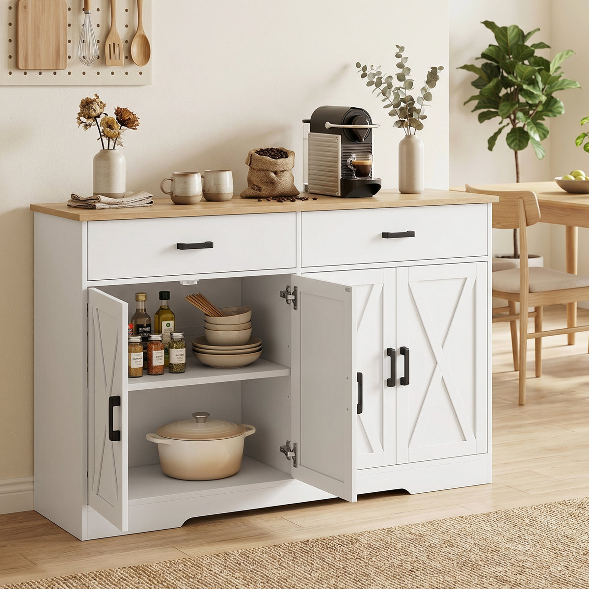 HOMCOM Sideboard Buffet Schrank, 140 cm Farmhaus Küchen-Schrank mit 2 Schubladen und 2 Schränken, Weiß – Produktabbildung 2