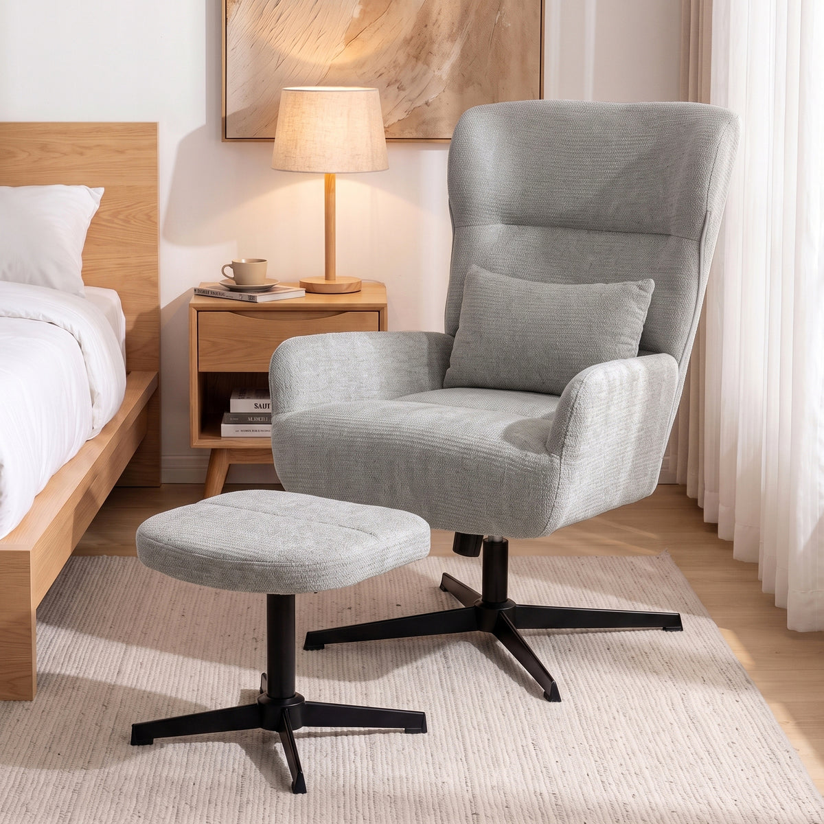 HOMCOM 360° drehbarer Loungesessel mit Hocker, höhenverstellbar, Chenille-Bezug, mit Lendenkissen – Produktabbildung 2