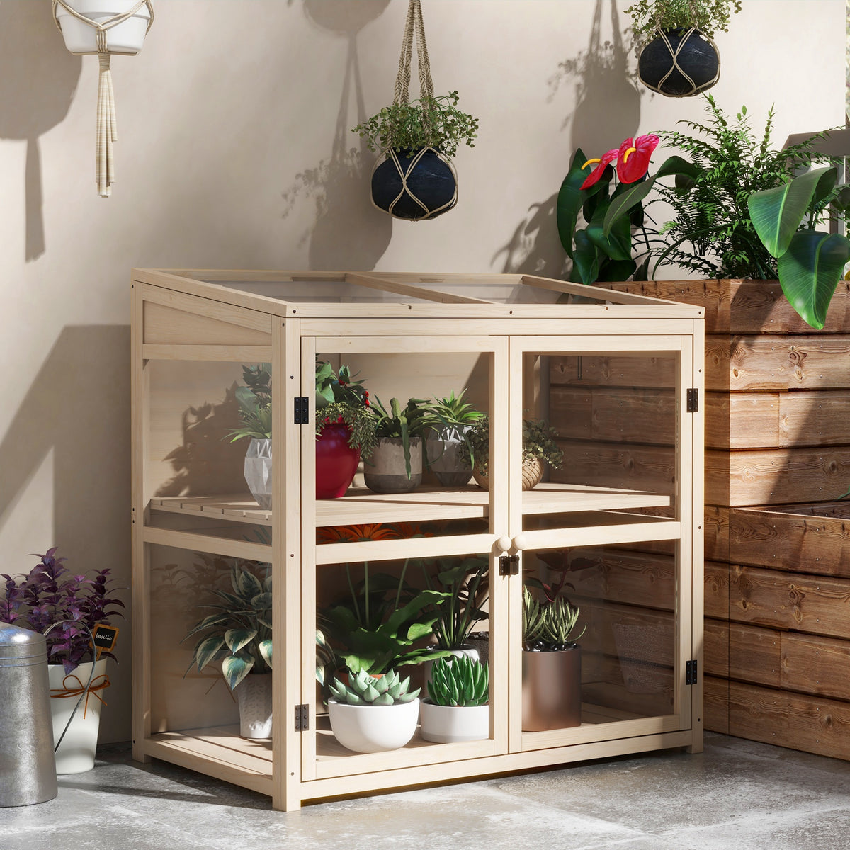 Outsunny Frühbeet Hochbeet Pflanzenbeet, wetterbeständig, 2 Ebenen, Fichtenholz, 103 x 61 x 103 cm – Produktabbildung 2