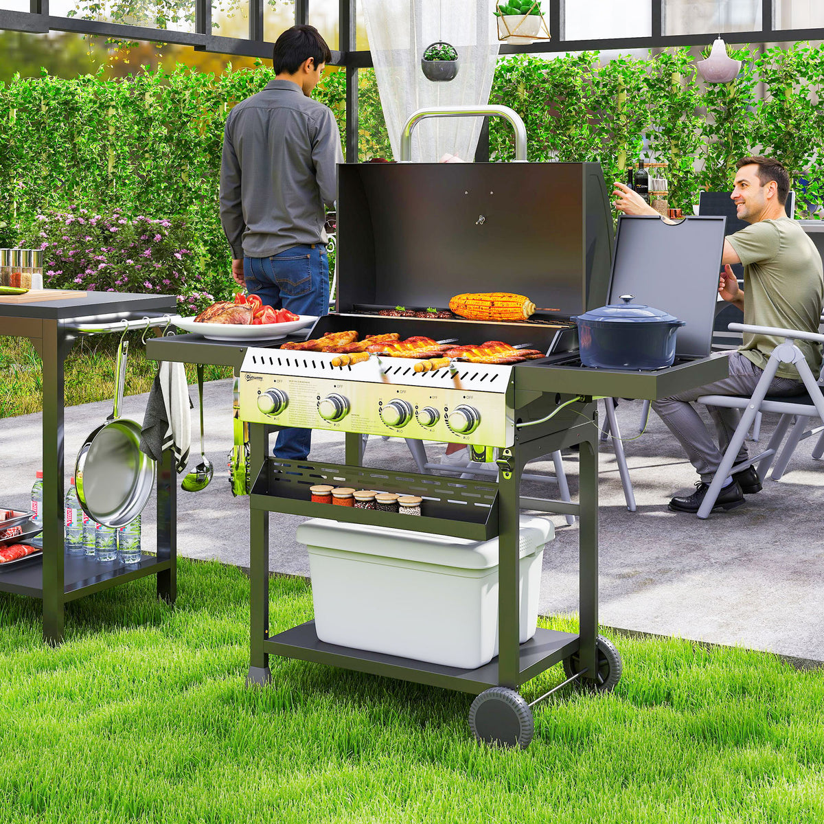 Outsunny Gasgrill, BBQ-Grill, 4 Hauptbrenner, 1 Seitenkocher, 1 Warmhalteplatte; 135 x 55 x 103 cm – Produktabbildung 2