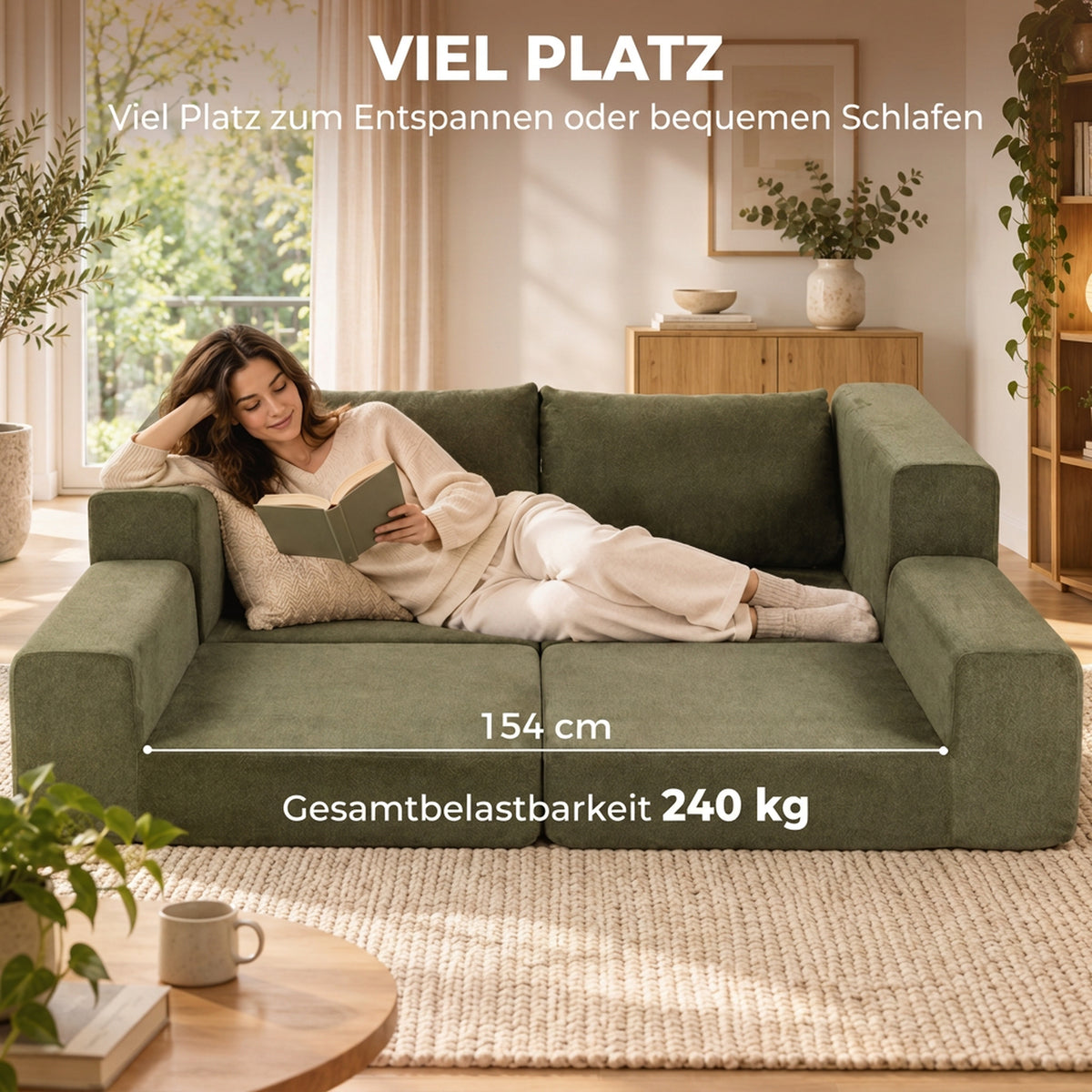 HOMCOM Schlafsofa 4-in-1 Schlaffunktion ausziehbar Klappsofa Kissen 2 Sitzer Grün – Produktabbildung 5