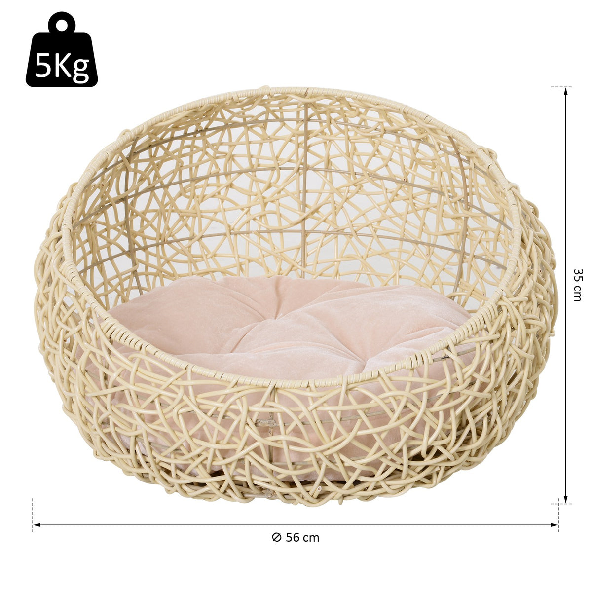 PawHut Rattan Katzenhöhle Katzenbett Katzenhaus mit Kissen Katzenzelt Haustierhaus für Katzen Hunde – Produktabbildung 3