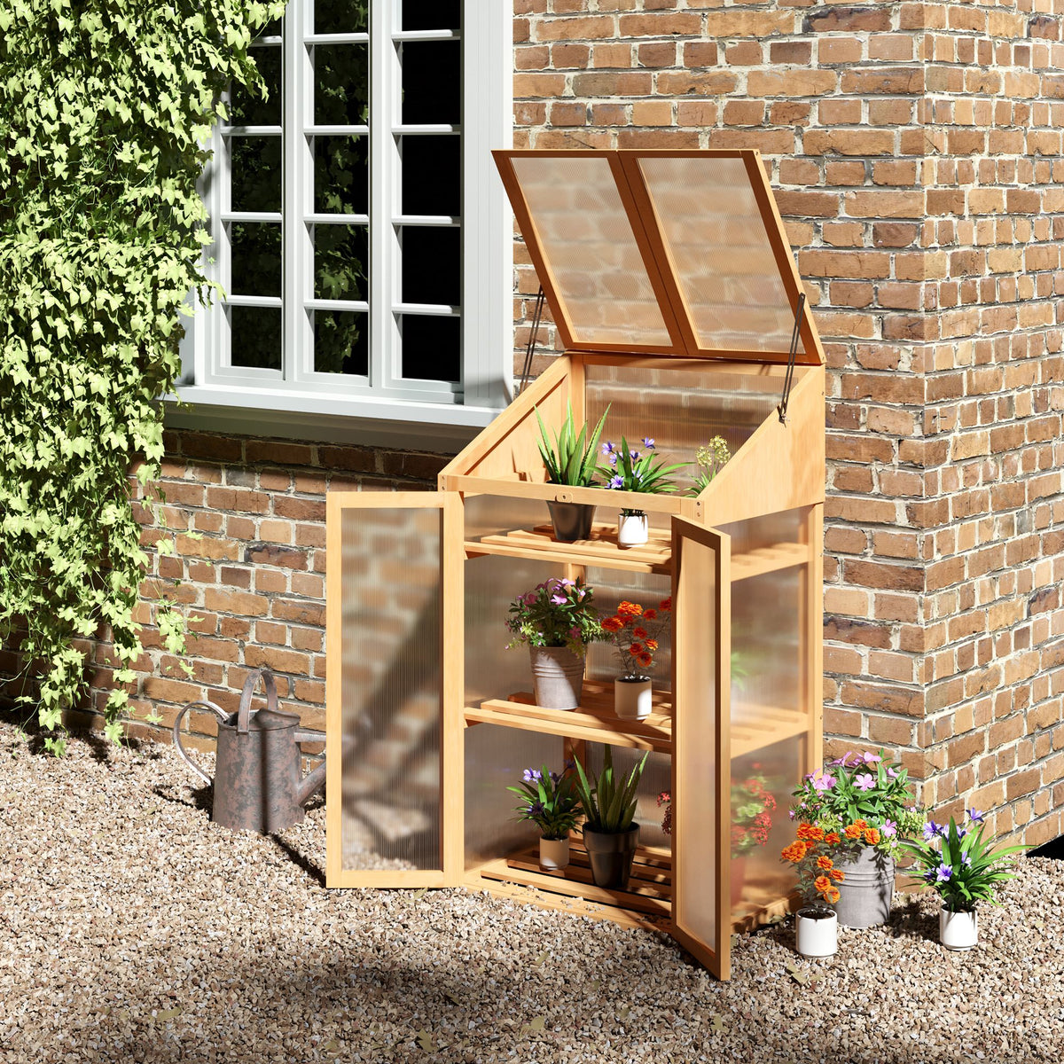 Outsunny Mini-Gewächshaus, kleines Treibhaus mit Holzrahmen, Fenster und Doppeltür, 3 Regale, 70L x 50B – Produktabbildung 2