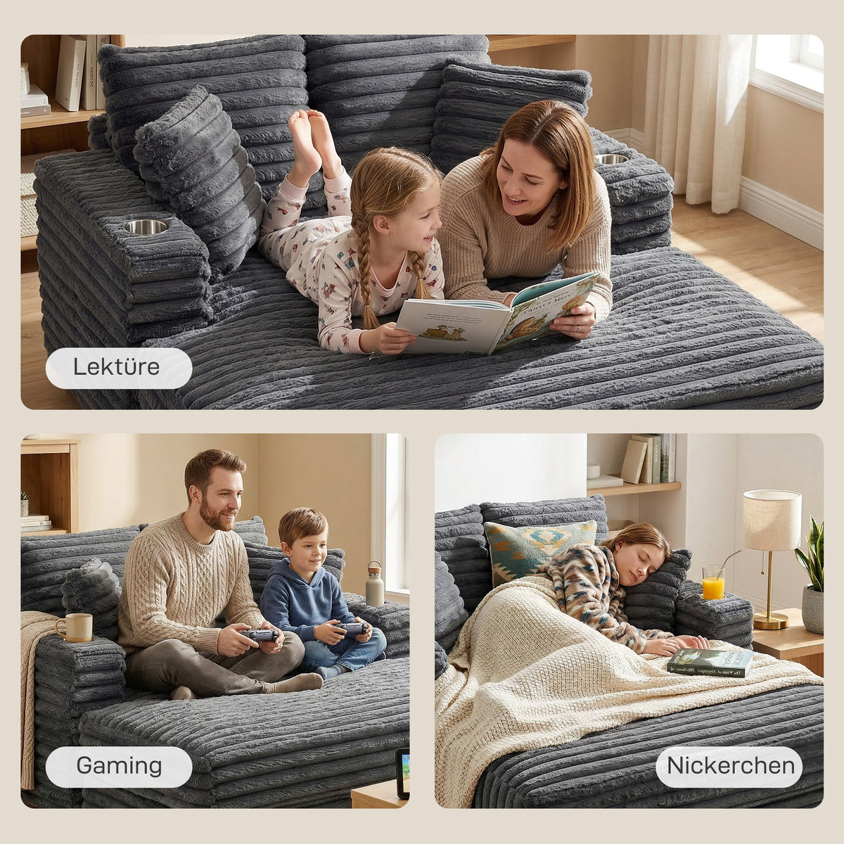 HOMCOM Chaiselongue 2 Sitzer Groß Schlafsofa 134 x 151 cm mit Becherhalter für Wohnzimmer, Grau – Produktabbildung 8