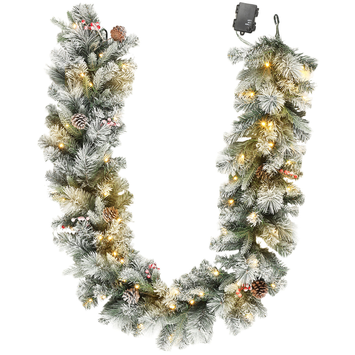 HOMCOM Weihnachtsgirlande mit 216 Schneebestäubten Zweigen, 50 LED-Lichtern, Ø25x180 cm, Grün & Weiß