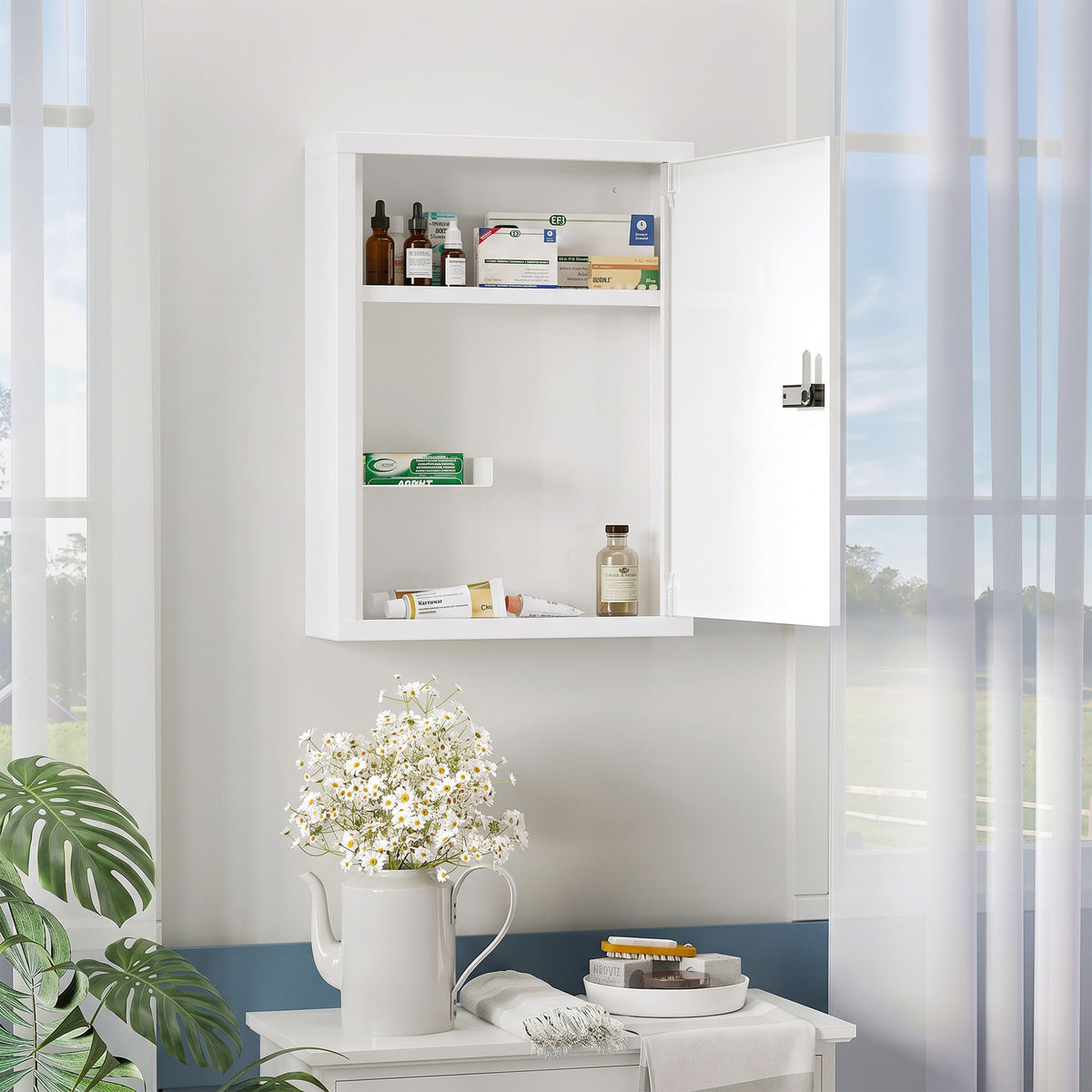 HOMCOM Medizinschrank zur Wandmontage, Badezimmerschrank mit Zahlenschloss, Tür und Ablagefächern, Weiß – Produktabbildung 2
