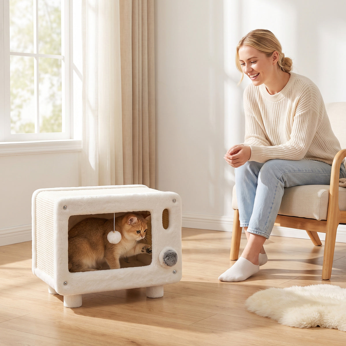 PawHut Katzenhaus im TV-Design, Katzenhöhle mit Hängematte und Spielball, Sisal-Kratzmatte, für Katzen – Produktabbildung 2