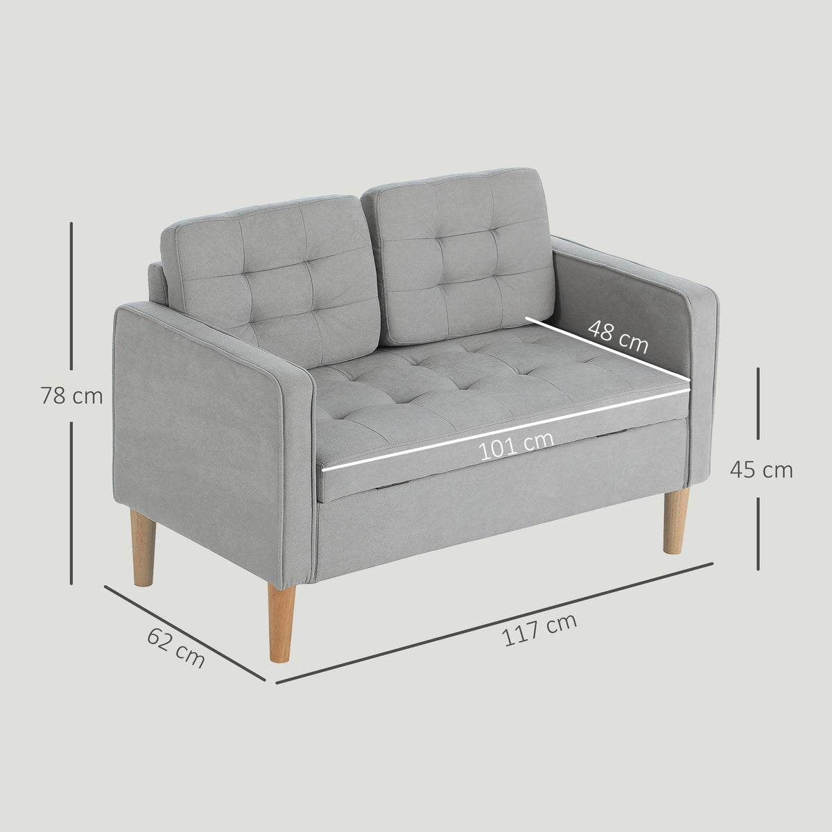 HOMCOM Zweisitzer-Sofa mit Stauraum, Knopfheftung, Kissen, Kautschukbaumholz, 117x62x78cm, Hellgrau – Produktabbildung 3