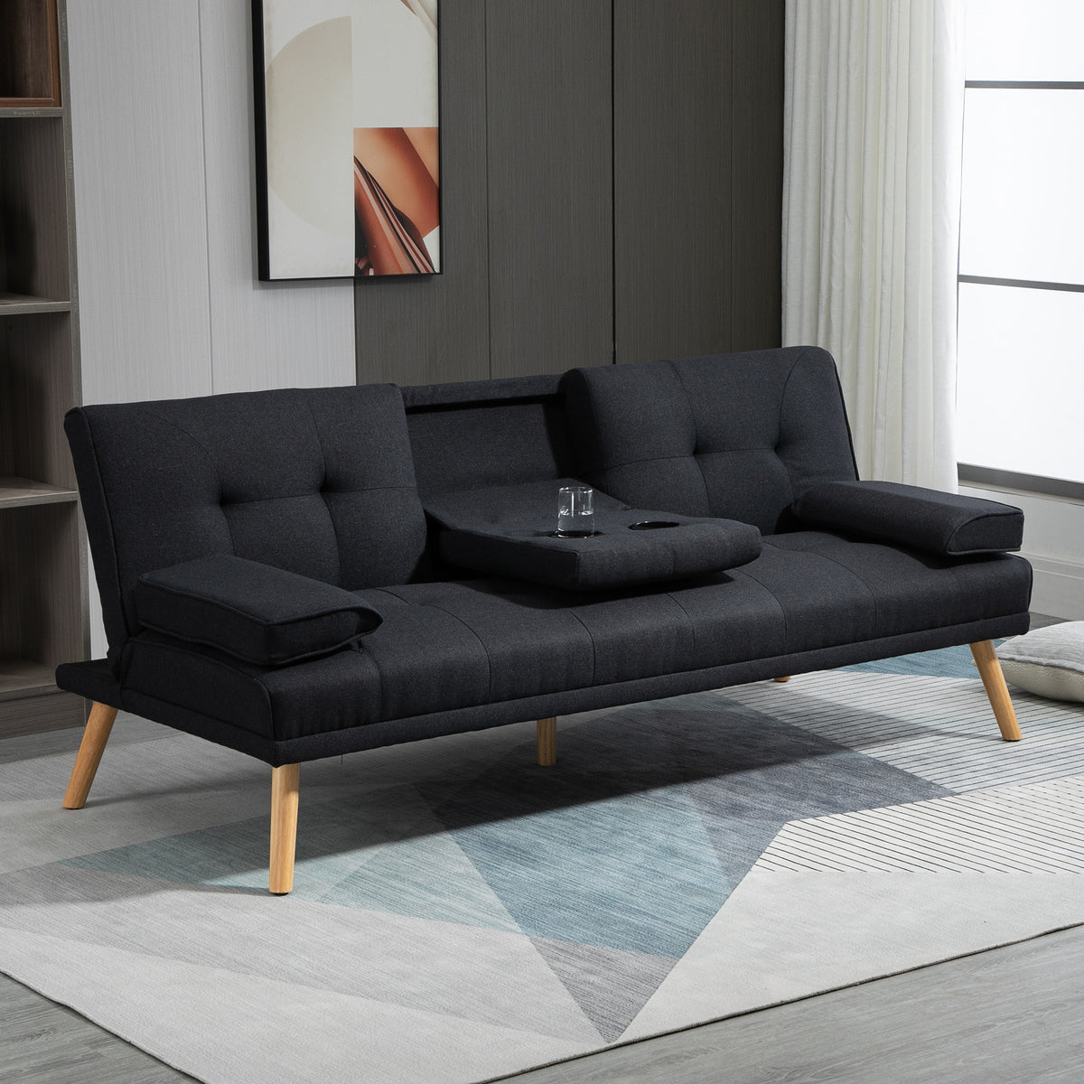 HOMCOM Schlafsofa, Gästebett, verstellbare Rückenlehne, klappbarer Tisch, 181x77x78 cm, Schwarz – Produktabbildung 2