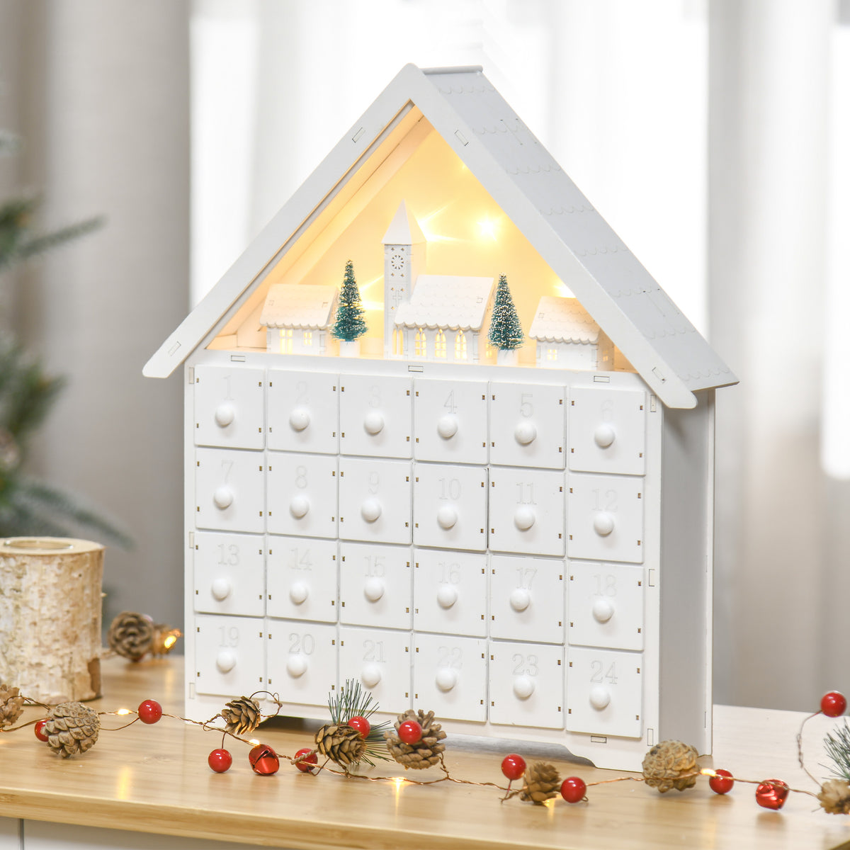 HOMCOM Adventskalender Weichnachtsdekoration Weihnachtsdeko, 24 Schubladen, LED-Lichter, 39 cm x 9 cm x – Produktabbildung 2