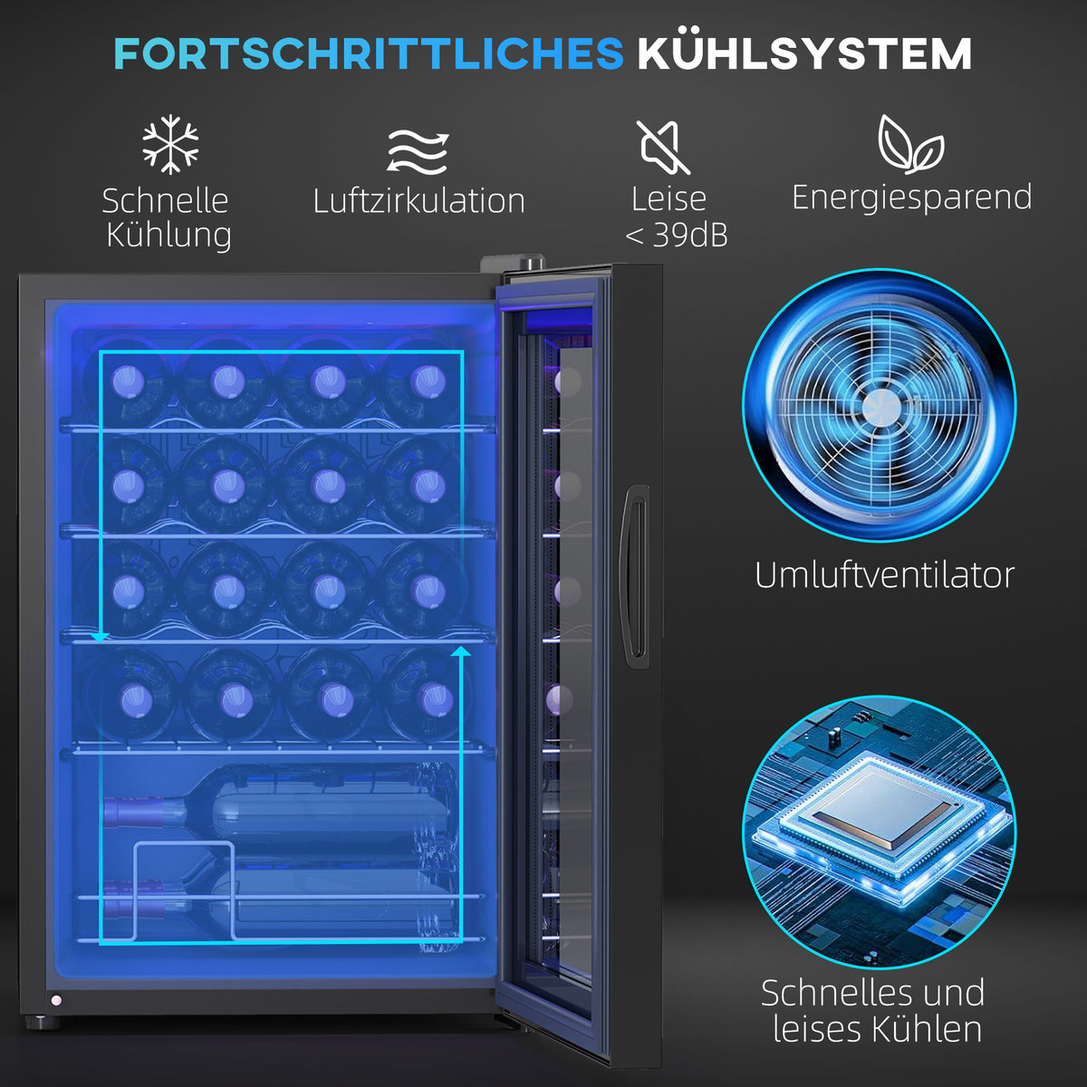 HOMCOM Kleiner Weinkühlschrank, Mini-Kühlschrank für 20 Flaschen, 53 Liter Kapazität, mit Glastür – Produktabbildung 4