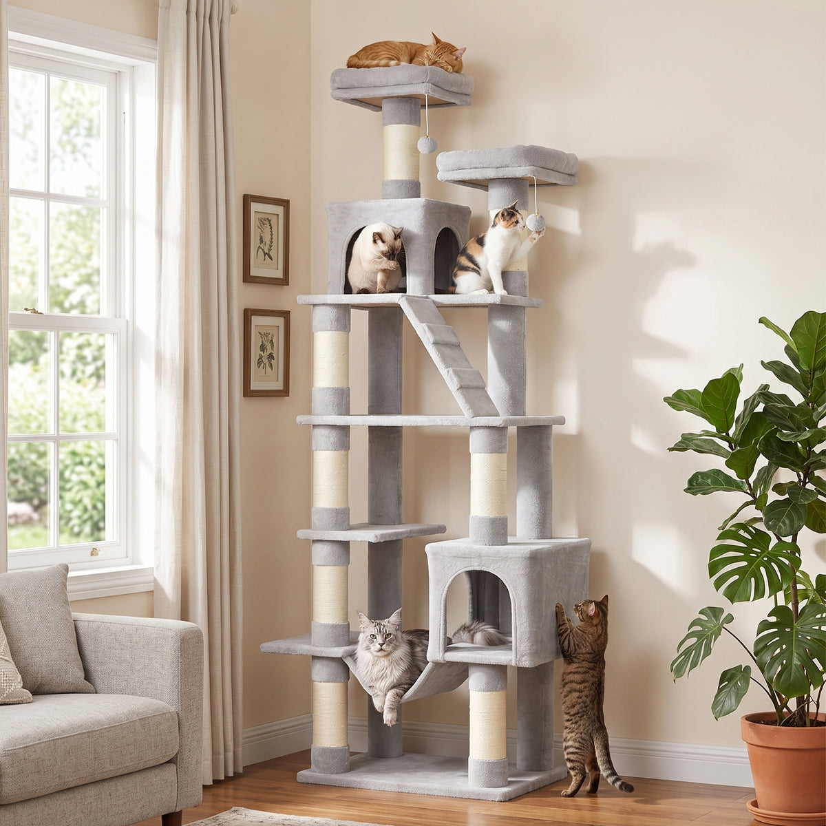 PawHut Kratzbaum 204 cm Katzenbaum mit Höhlen Leiter mehrstöckiger Katzenkratzbaum für 1–3 Katzen je bis – Produktabbildung 2