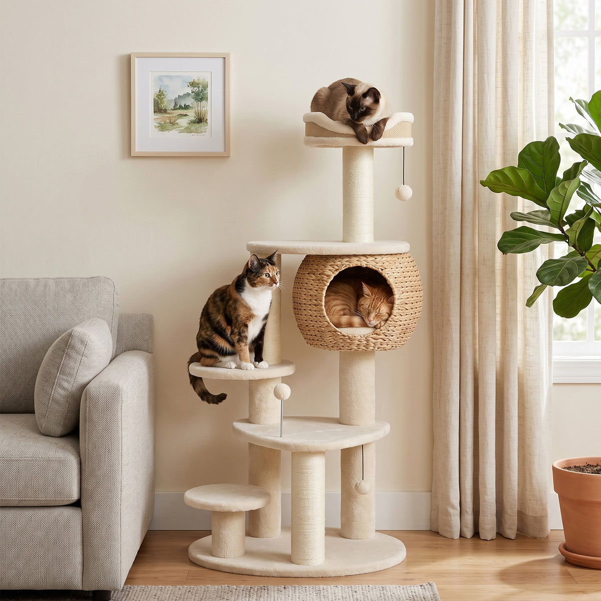 PawHut Kratzbaum Groß 132 cm hoch Katzenbaum mit Rohrkolben-Höhle Kratzstämmen Bett 3 Spielbällen – Produktabbildung 2