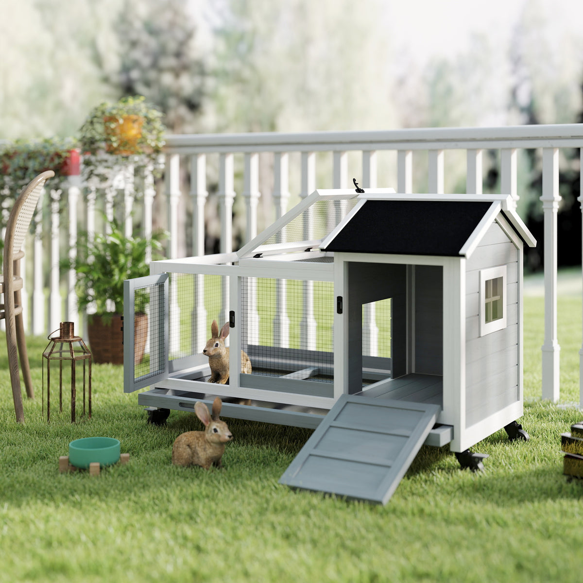 PawHut Kleintierstall für Zwergkaninchen, Meerschweinchen, mit Rädern, 108 x 58 x 73,5 cm, Grau – Produktabbildung 2