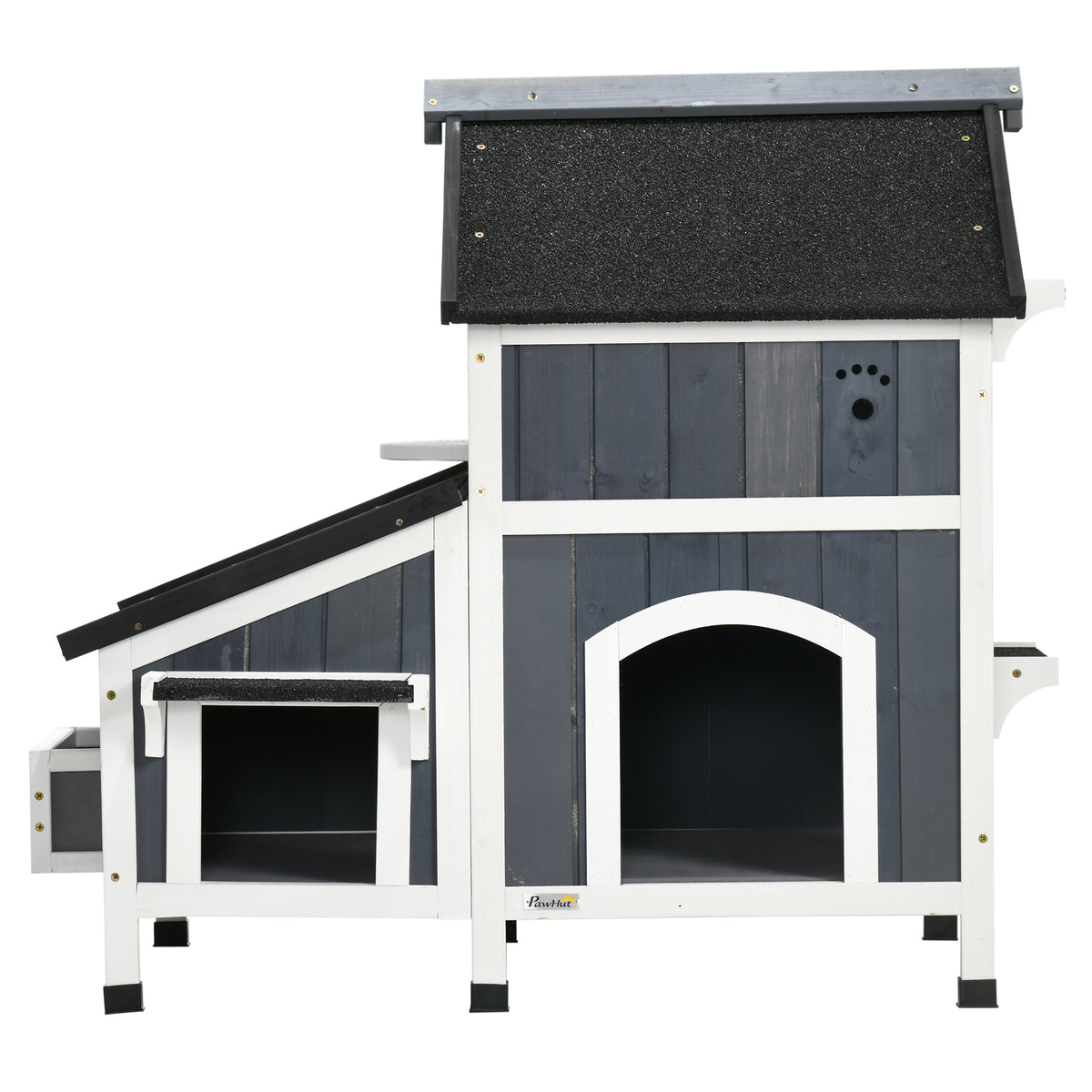 PawHut Outdoor-Katzenhaus, zweistöckig, Bodenabstand, Naturholz, Asphaltdach, grau, 96 x 65 x 85,5 cm