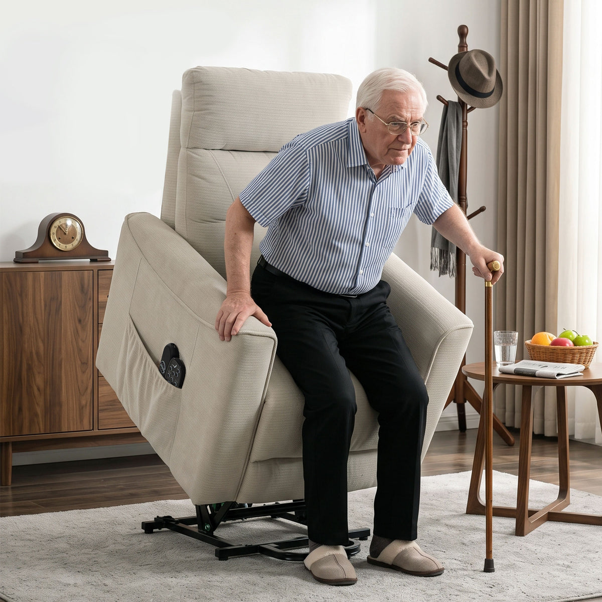 HOMCOM Relaxsessel mit elektrischer Aufstehhilfe, Massage & Wärme, Chenille-Sessel mit Federkern, Greige – Produktabbildung 2