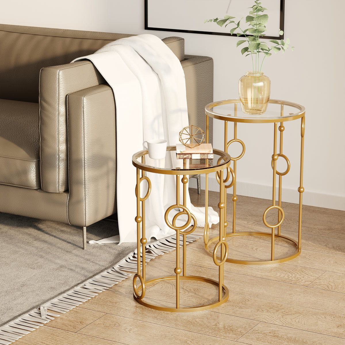 HOMCOM 2er-Set Couchtisch, Beistelltisch mit Glasplatte, Wohnzimmertisch mit Reifen- und Kugeldesign Ø41 – Produktabbildung 2