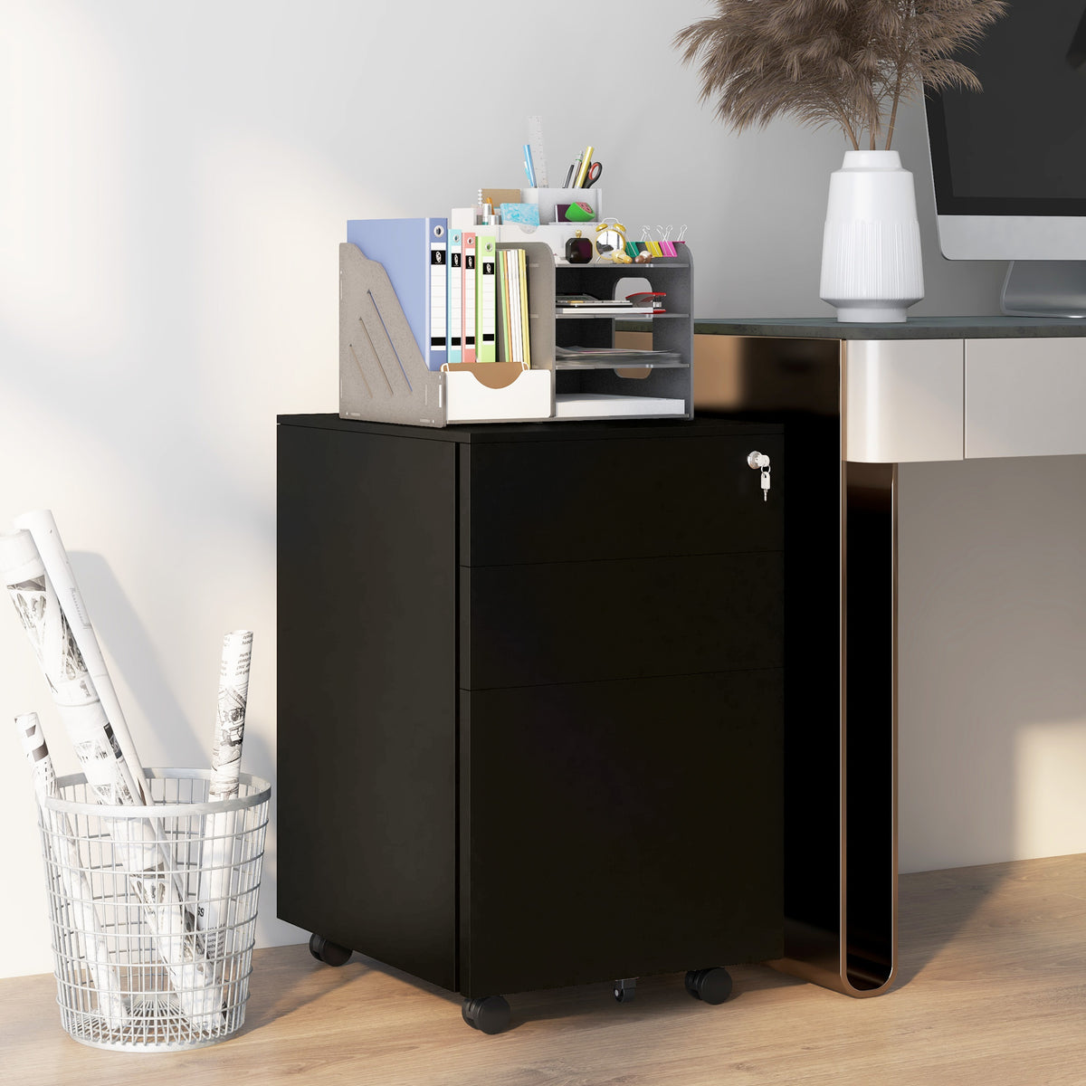 Vinsetto Rollcontainer Aktenschrank, 3 Schubladen, abschließbar, rollbar, 37 cm x 43,5 cm x 60 cm – Produktabbildung 2