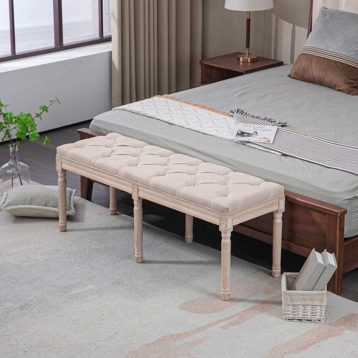 HOMCOM Sitzbank Vintagedesign Vintagebank, Knopfheftung, gedrechselte Beine, Shabby Chic, Creme + Weiß – Produktabbildung 2
