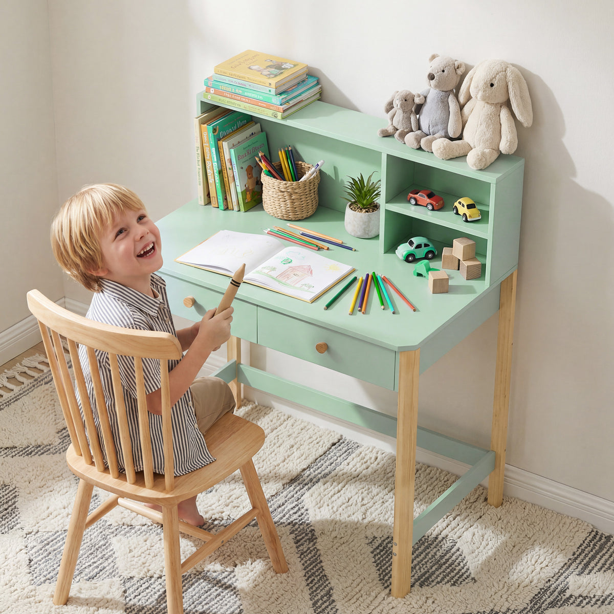 Kinderschreibtisch Schülerschreibtisch mit Schubladen Regal Stauraum für 5-12 Jahre Kinder 90 x 52 x 105 – Produktabbildung 2