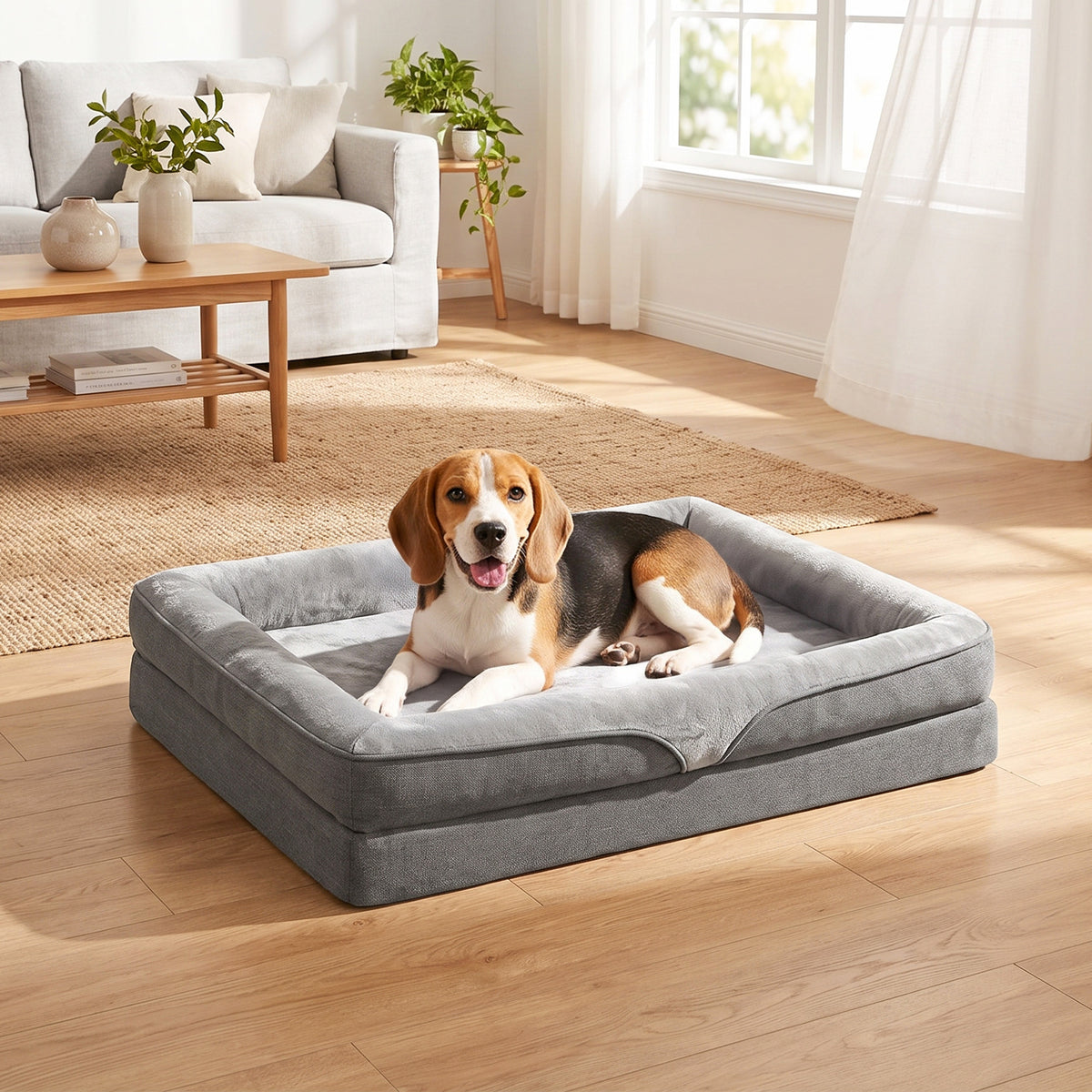 PawHut Hundebett mit Erhöhte Ränder rutschfester Unterseite Leinenoptik Waschbar Hundekissen – Produktabbildung 2