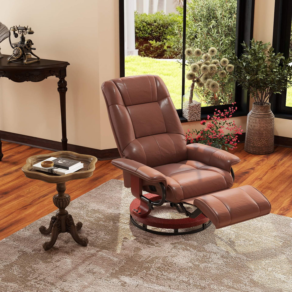 HOMCOM Relaxsessel, 145° neigbar, verstellbare Fußstütze, Kunstleder, 360° drehbar, bis 120 kg, Braun – Produktabbildung 2