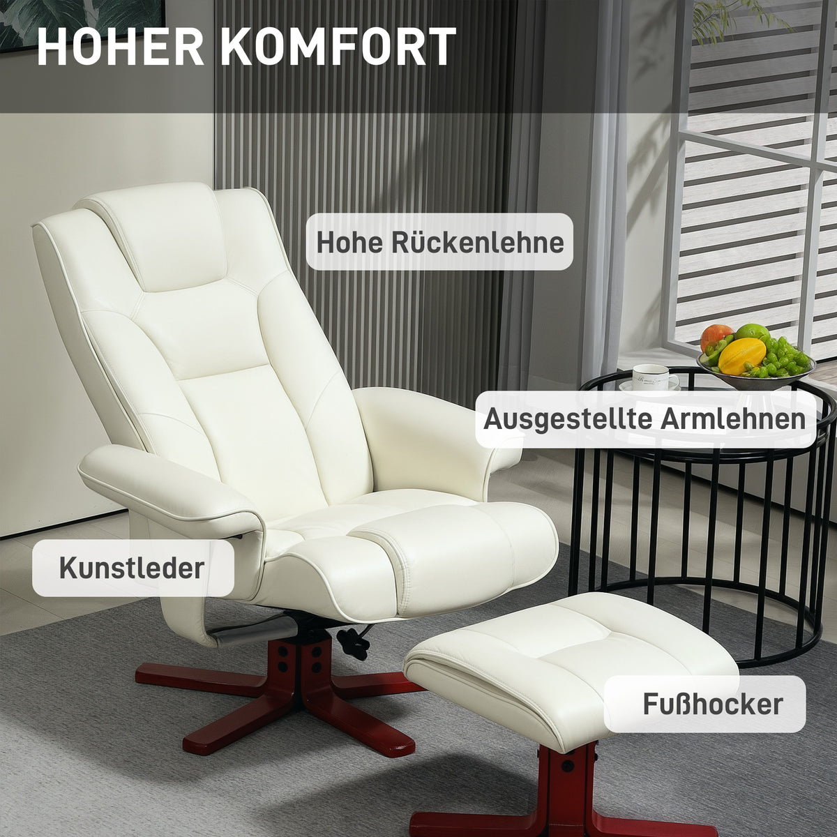 HOMCOM Relaxsessel mit Hocker, Lederoptik, neigbare Lehne, bis 150 kg, Cremeweiß – Produktabbildung 6